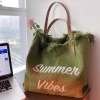 Large-capacity Bags, canvas bags, embroidered letter tote bags, handbags, women's bags, woven beach bags, single-shoulder bags details Picture